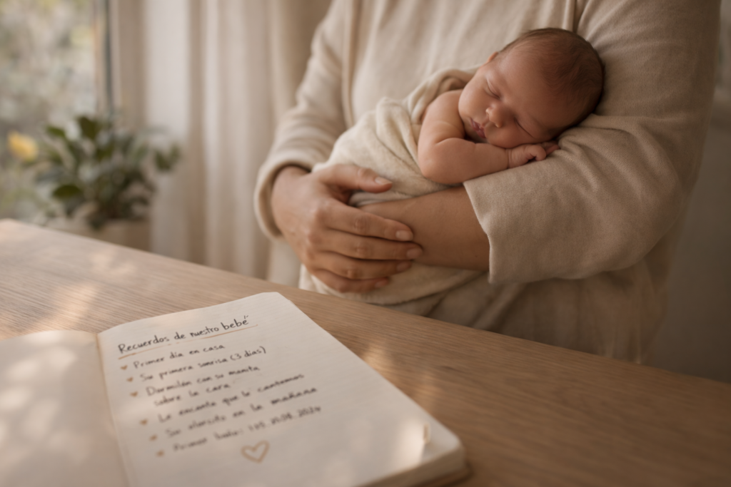 cuaderno de recuerdos de bebé con luz natural ambiente cálido